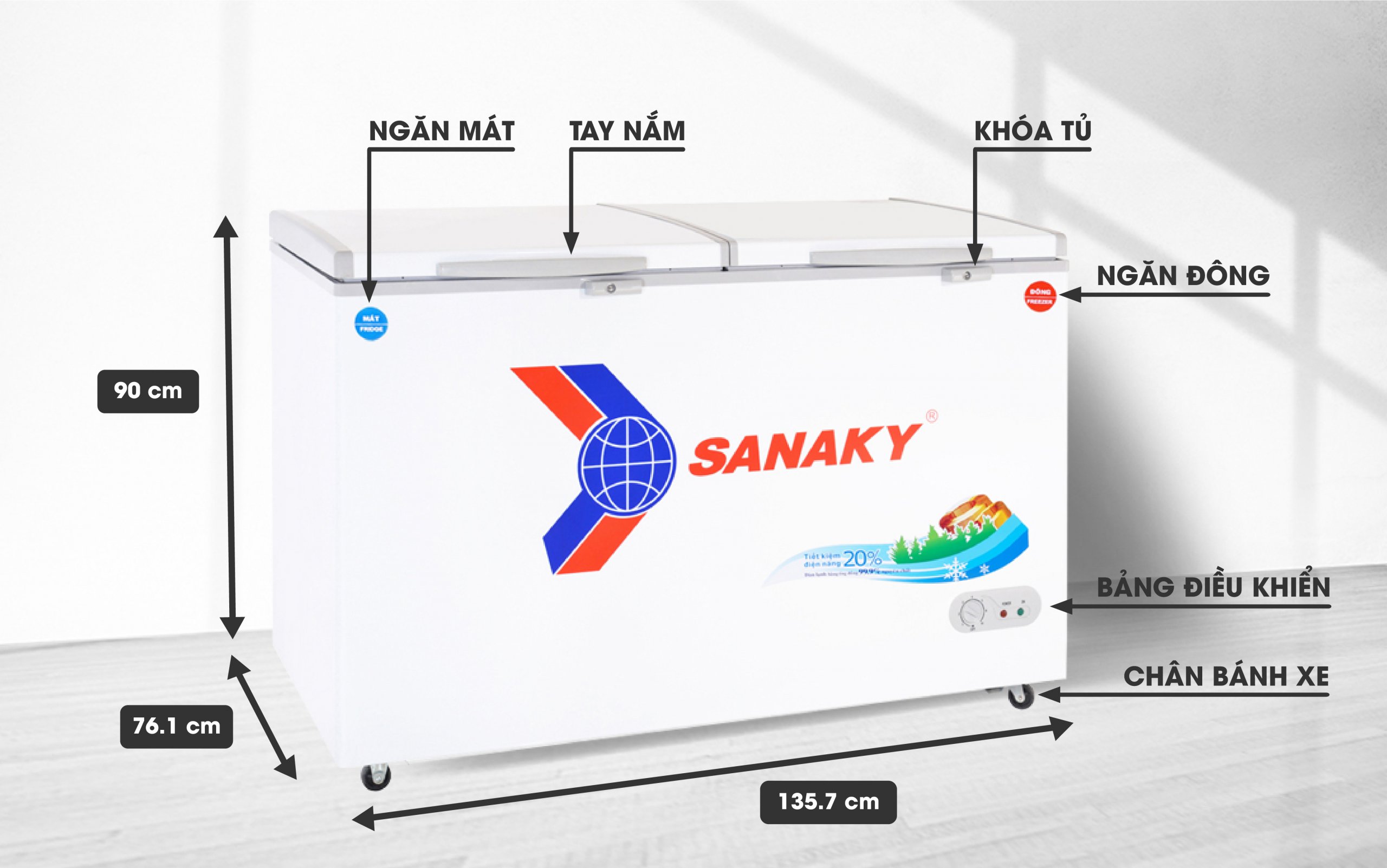 Tủ Đông Sanaky VH-5699W1 365 lít, 1 ngăn đông, 1 ngăn mát, dàn lạnh đồng