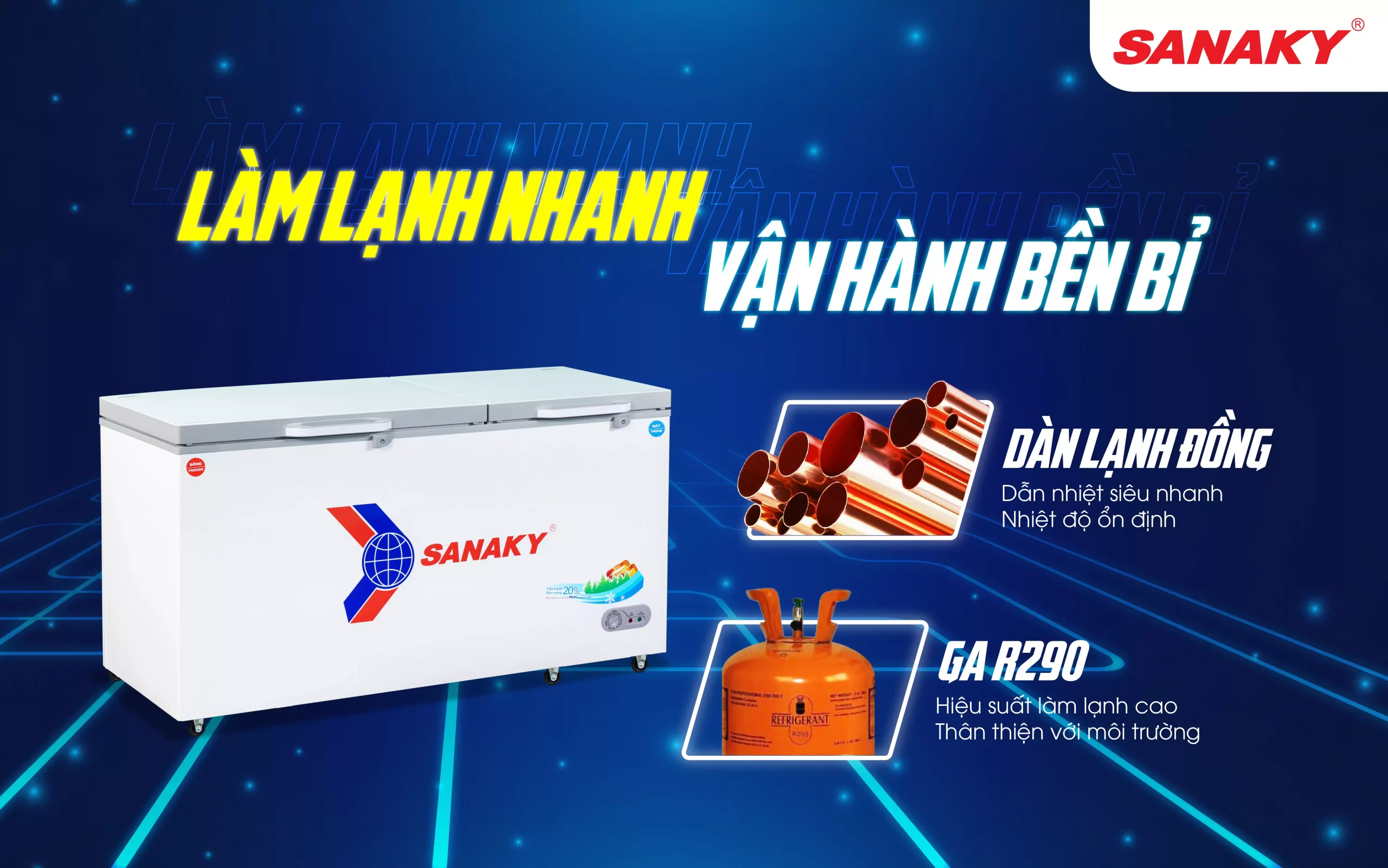 Tủ đông Sanaky VH-6699W2K 2 ngăn, 2 cánh, 485 lít dàn lạnh đồng