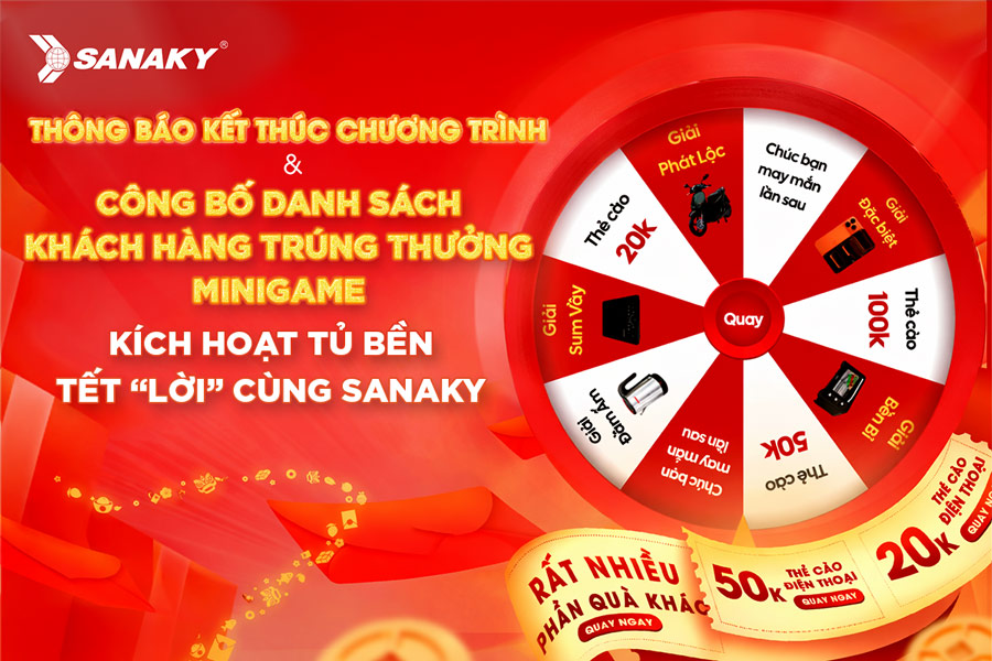 THÔNG BÁO KẾT THÚC CHƯƠNG TRÌNH MINIGAME QUAY THƯỞNG “KÍCH HOẠT BẢO HÀNH SANAKY NGAY, RINH QUÀ LIỀN TAY”